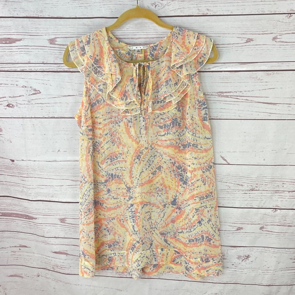 CAbi Women's Peach Sleeveless Semi-Sheer Ruffle Flashback Tunic Shirt Size Med